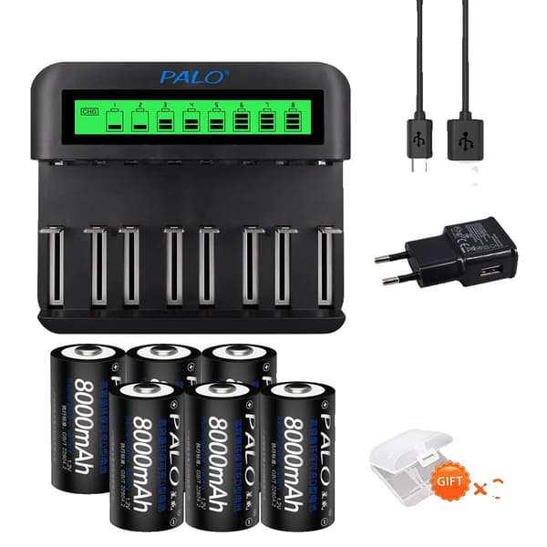 Genopladelig D-størrelse Batterioplader, 1,2V 8000mAh, LCD-skærm, USB Type-C Indgang,6 batteri 1 oplader