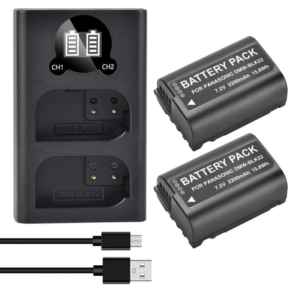 Kamerabatterioplader DMW-BLK22, Dobbelt opladningskapacitet, 2200 mAh kapacitet,2 Batterier 1 Oplader