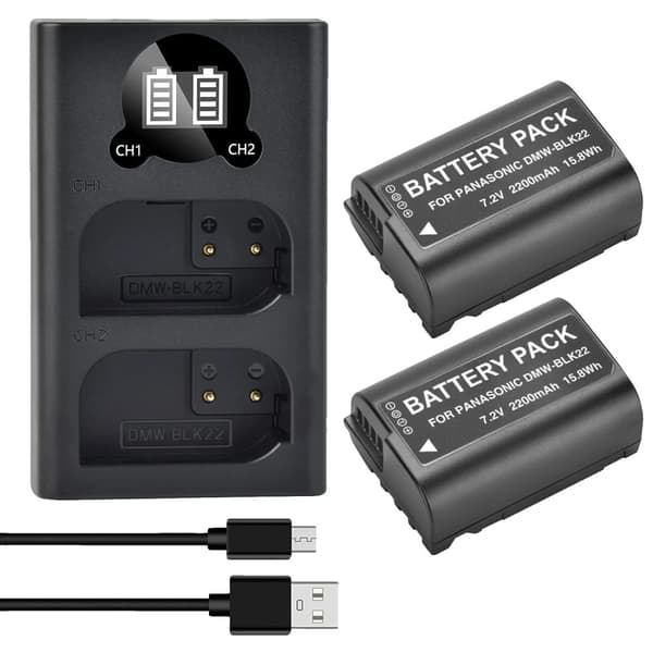 Kamerabatterioplader DMW-BLK22, Dobbelt opladningskapacitet, 2200 mAh kapacitet,2 Batterier 1 Oplader