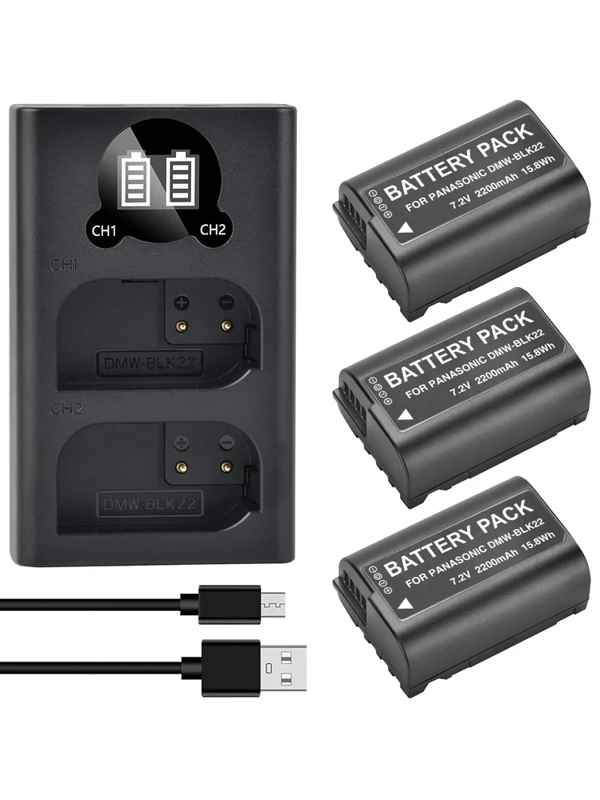 Kamerabatterioplader DMW-BLK22, Dobbelt opladningskapacitet, 2200 mAh kapacitet,3 Batteri 1 Oplader