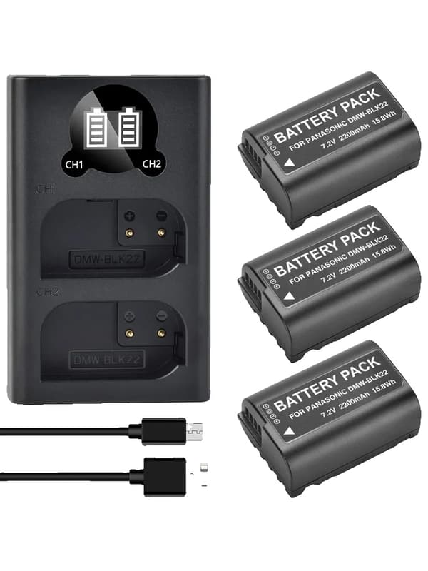 Kamerabatterioplader DMW-BLK22, Dobbelt opladningskapacitet, 2200 mAh kapacitet,3 Batteri 1 Oplader