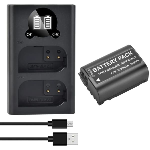 Kamerabatterioplader DMW-BLK22, Dobbelt opladningskapacitet, 2200 mAh kapacitet,1 Batteri 1 Oplader