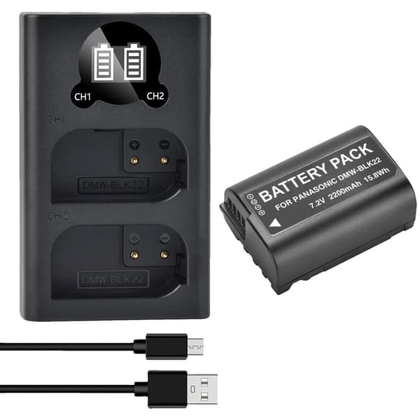 Kamerabatterioplader DMW-BLK22, Dobbelt opladningskapacitet, 2200 mAh kapacitet,1 Batteri 1 Oplader
