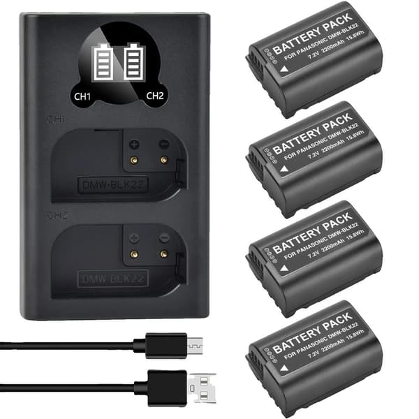 Kamerabatterioplader DMW-BLK22, Dobbelt opladningskapacitet, 2200 mAh kapacitet,4 Batteri 1 Oplader