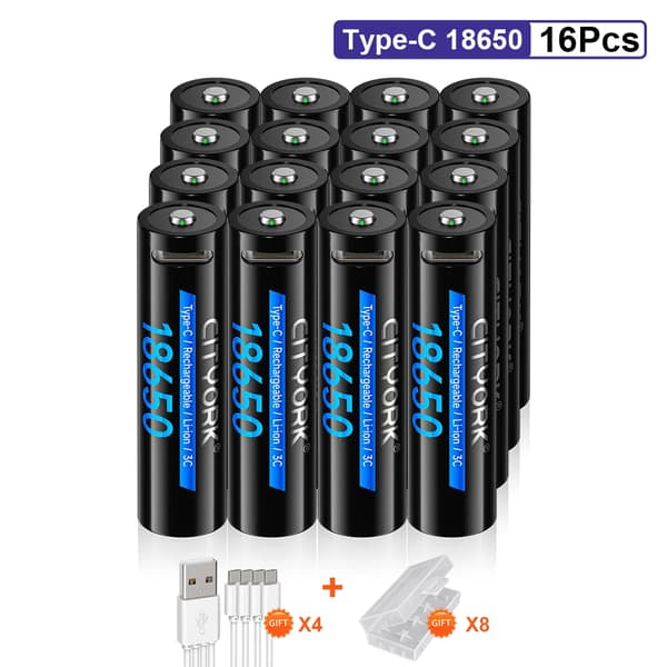 18650-batteri, 3400mAh kapacitet, Type C opladning, 1500 cyklusliv,16Batteri, 3.7V