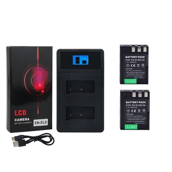 Kamerabatteri, dual slot oplader, genopladelig, RoHS-certificeret,2BatteriMedOplader