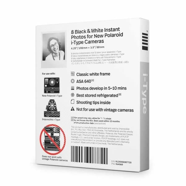 i-Type svartvita snabbfilmer - Polaroid - Paket med 8 filmer - ASA 640 - 10 min framkallning - Vit ram