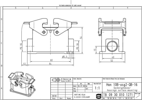 Pistorasiakotelo Han® 10B-asg2-QB-16 09 30 010 1271 Harting 1 kpl