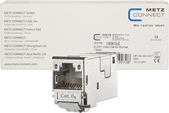 METZ CONNECT E-DAT modul Cat.6A 8(8) jack - Modulær indgang - RJ-45 - Metallisk (pakke med 12) (130910-Z)