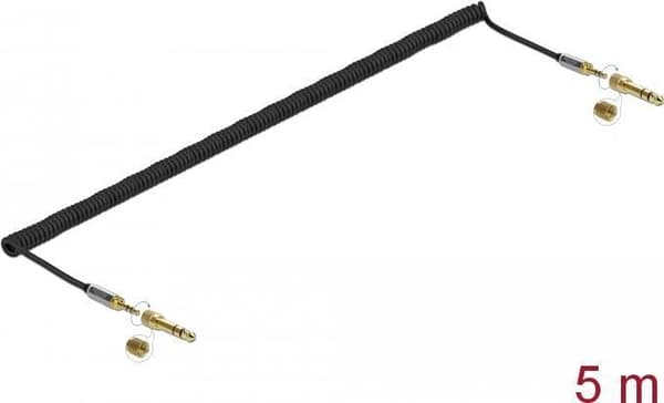 DELOCK spiralkabel 3,5 mm 3 pin jackstik til jackstik med skrueadapter 5 m