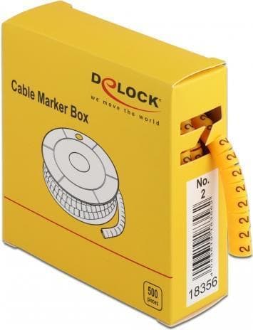 DeLOCK Cable Marker Box, nr. 2 - Tråd-/kabelmarkör (förtryckt) - Gul (pack med 500) (18356)