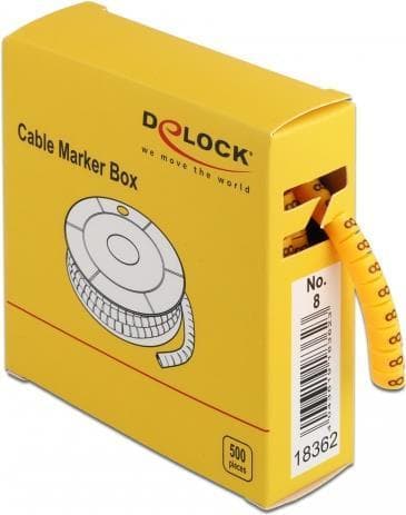 DeLOCK Cable Marker Box, nr. 8 - Linje-/kabelmarkör (förtryckt) - Gul (paket med 500) (18362)