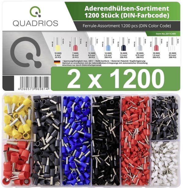 Quadrios 22C470 ferrule sortiment delvist isoleret hvid, grå, rød, sort, blå, gul 2400 stk (22C470)