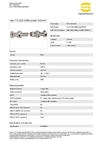 Harting 09 11 000 6122. Plugg: Crimp, Produktens färg: Silver, Pluggkontaktplätering: Silver. Vikt: 40,52 g, ytterdiameter: 1,8 cm, bredd: 47,7 mm. An