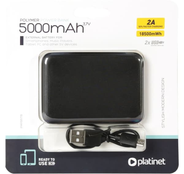 Platinet powerbank 5000mAh Polymer, sort (44815)