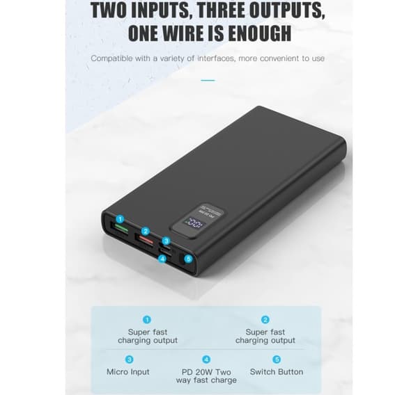 Platinet powerbank 10000mAh PD QC LED, svart