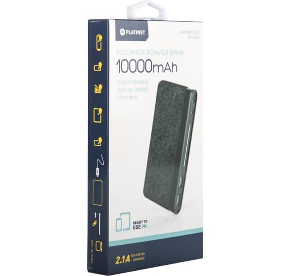 Platinet powerbank 10000mAh Fabric Braided LiPo 2.1A, mørkegrå (44385)