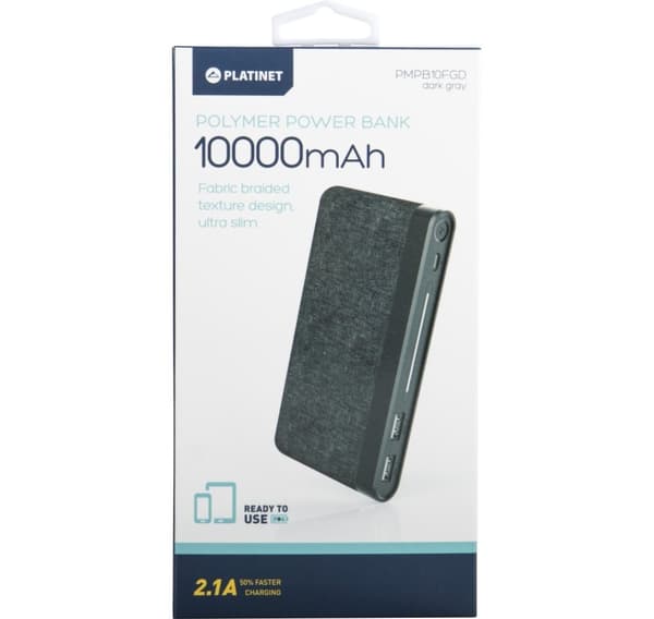 Platinet powerbank 10000mAh Fabric Braided LiPo 2.1A, mørkegrå (44385)