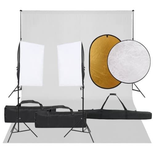 Fotostudio med lampor, bakgrund och reflexskärm