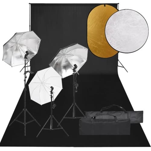 Fotostudio med lampor, bakgrund och reflexskärm