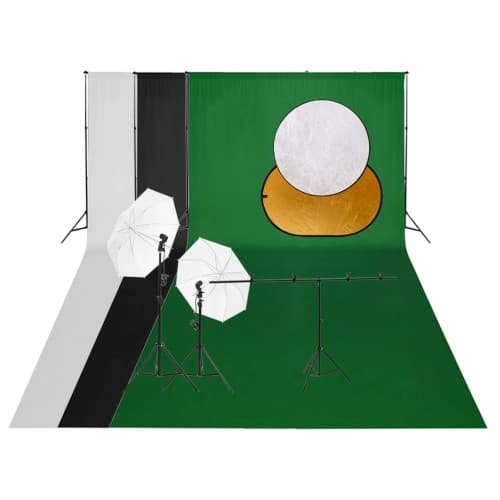 Fotostudio med lampor, bakgrund och reflexskärm