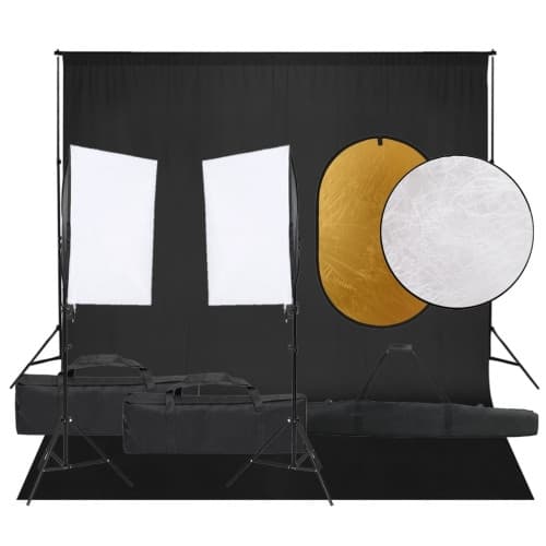 Fotostudio med lampor, bakgrund och reflexskärm