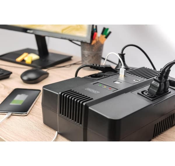 Digitus, All-in-One UPS, All-in-One UPS, 600VA/360W, LED 12V/7Ah x1, 4x CEE 7/7,3x IEC C13, USB, RJ45