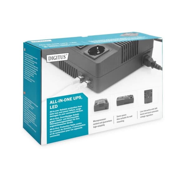Digitus, All-in-One UPS, All-in-One UPS, 600VA/360W, LED 12V/7Ah x1, 4x CEE 7/7,3x IEC C13, USB, RJ45