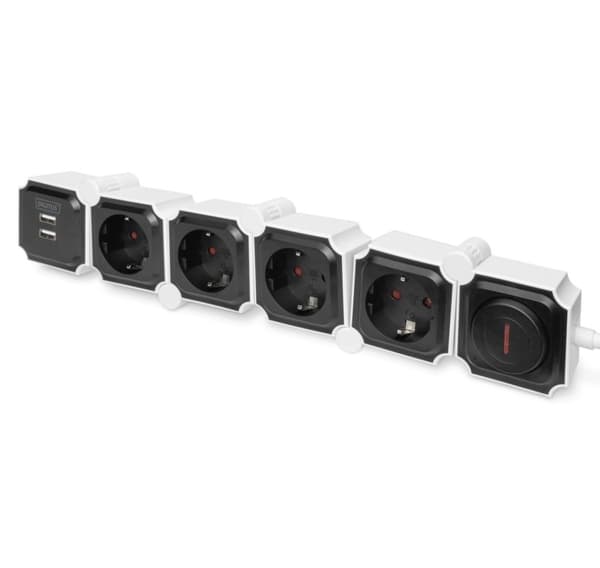 DIGITUS Joustava jatkojohto, 3680 W 250 VAC 50 Hz 4x turvapistorasia, 16 A, 2x USB A -liitäntä, 2,4 A