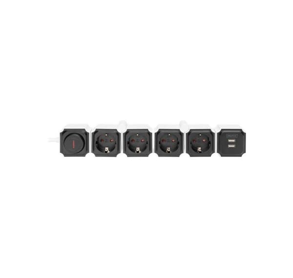 DIGITUS Joustava jatkojohto, 3680 W 250 VAC 50 Hz 4x turvapistorasia, 16 A, 2x USB A -liitäntä, 2,4 A