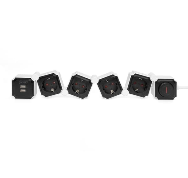 DIGITUS Joustava jatkojohto, 3680 W 250 VAC 50 Hz 4x turvapistorasia, 16 A, 2x USB A -liitäntä, 2,4 A