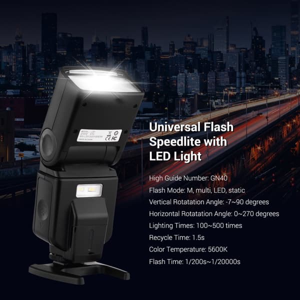 Yleinen kameravälkky Speedlite, nopea lataus 1,5 s, korkea ohjausnumero GN40, säädettävät kulmat