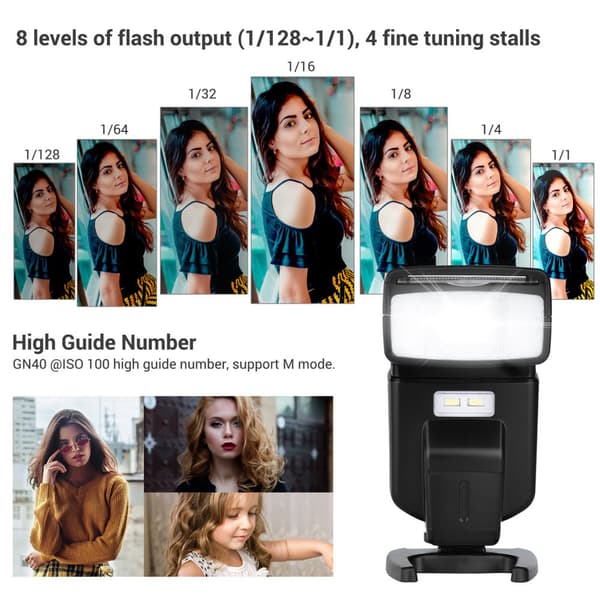 Yleinen kameravälkky Speedlite, nopea lataus 1,5 s, korkea ohjausnumero GN40, säädettävät kulmat
