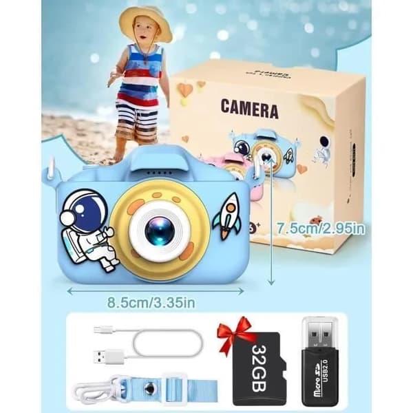 Barnkamera, minikamera 2,0 tums barnkamera, HD 1080P Selfie-videokamera med 32 GB SD-kort, blå