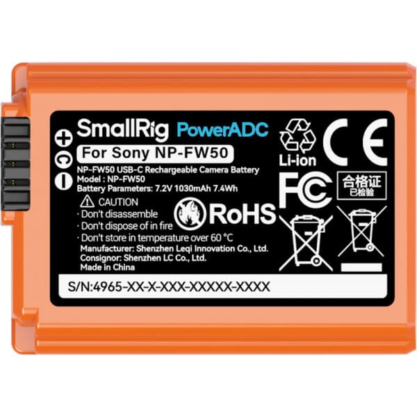 SmallRig 4965 NP-FW50 USB-C ladattava kamera-akku – Oranssi