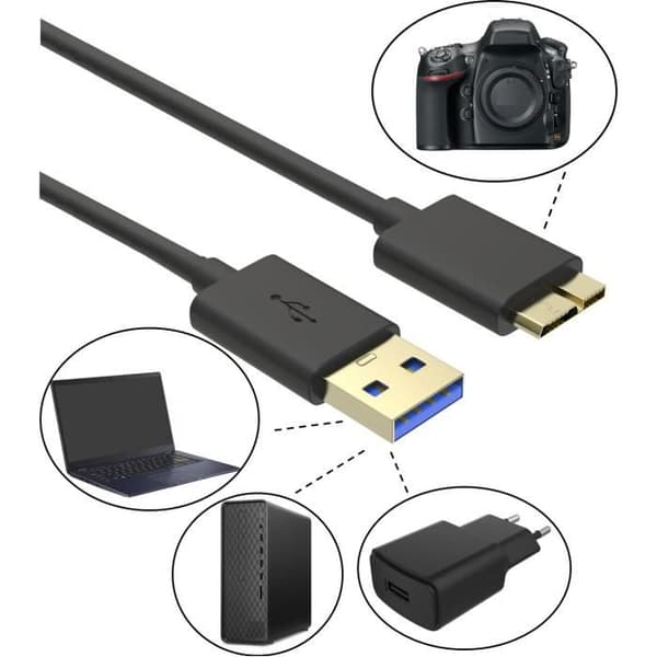 Kabel USB 3.0 Hane A till Micro B för Nikon D800/D800E/D810/D810A/D5/D500 /Canon EOS 5DS/5DSR/5D4 - 1m Phonillico®