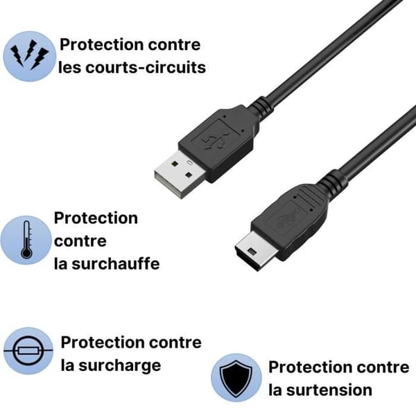 Kabel för Canon PowerShot A300/A3000 IS/A310/A3100 IS/A3150 IS/A3200 IS - MINI USB/USB 2.0 Svart 1 Meter Phonillico®