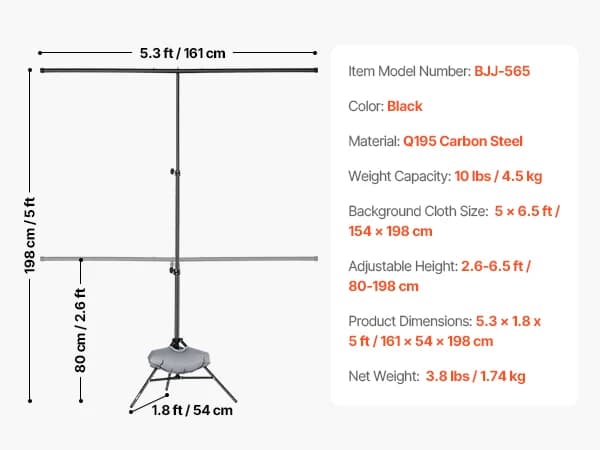 Taustateline, Säädettävä Korkeus 2,6-6,5 ft, Kestää 10 lbs,5 x 6.5 ft