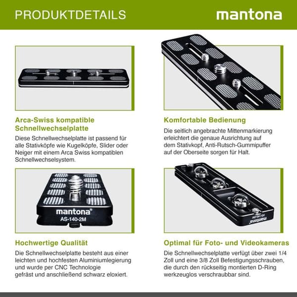 Attache Rapide Amovible - MANTONA - AS-140-2M - Aluminium CNC - Kompatibel med Arca-Swiss - 140x38x10mm