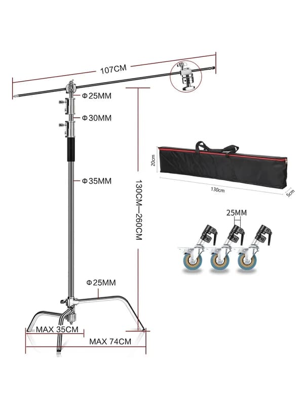 Fotografitripod C-Stand, 260 cm Maximal Höjd, 9 kg Lastkapacitet,2.6M med hjulväska
