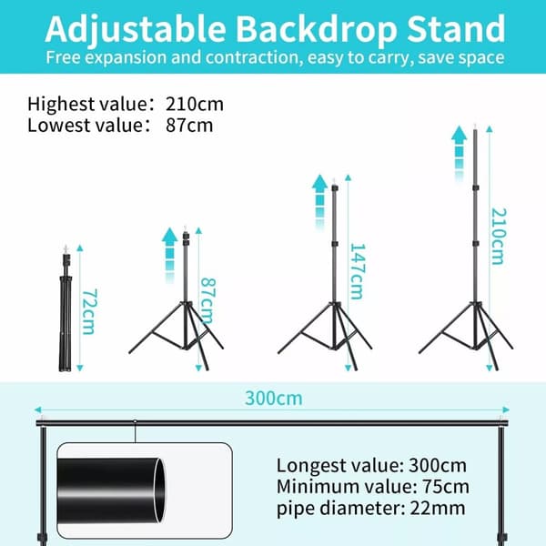 Fotostudio Baggrundsstøttesystem, Justerbar Højde 72 cm til 210 cm, Sammenklappelig Tværstang Design, Letvægts og Bærbar
