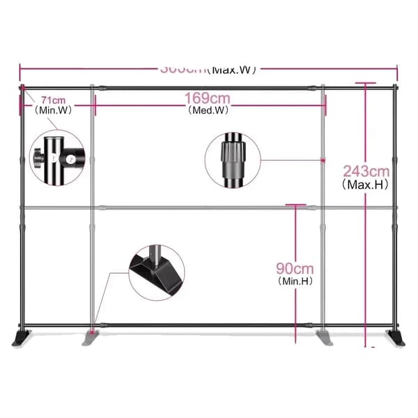 Taustateline, säädettävä leveys 71 cm - 340 cm, maksimi korkeus 270 cm,Kaksinkertainen kerros 2.4x3M