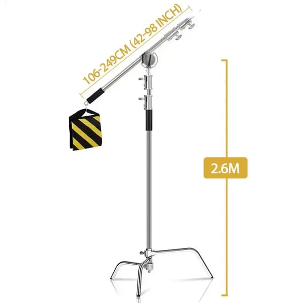 Fotograferingsljusstativ, C-Stand, Max höjd 260 cm, inkluderar sandväska, hjul,2.6M Med tvärstag