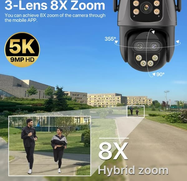 IP-kamera 5K 9MP HD Utomhus Tre Linser 2 Skärm WiFi PTZ-kamera 4K 8MP Rörelsedetektering Video Säkerhetskamera. 64G minneskort