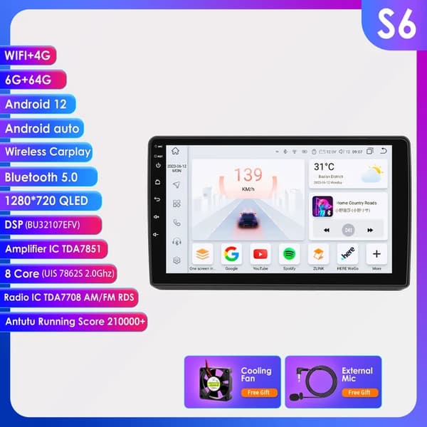 Carplay-radio, Android 12, GPS-navigation, S6-6G 64G-8kärnor-4G