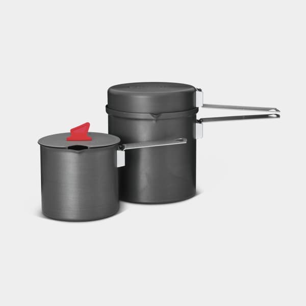 Campingkastruller &amp; stekpanna Trek Pot Set, hårdanodiserad aluminium, med 2 kastruller (600 ml &amp; 1 liter), 1 lock &amp; 1 stekpanna (Ø14.5 cm)