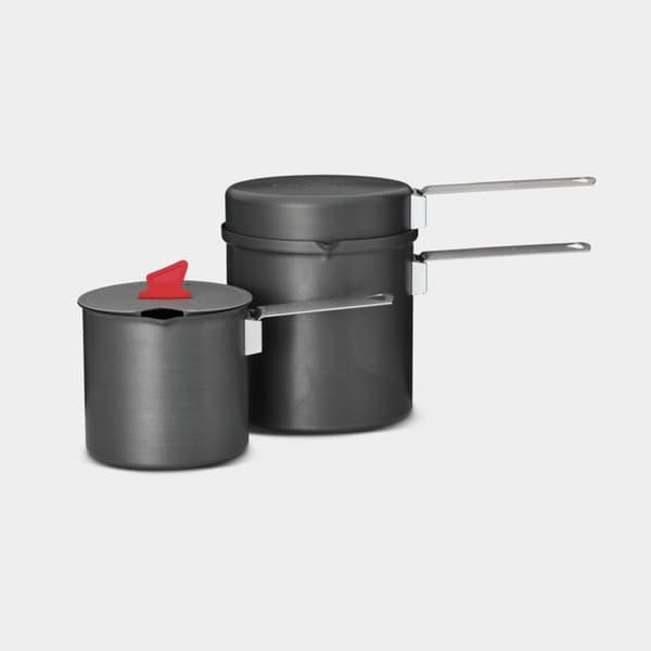 Campingkastruller &amp; stekpanna Trek Pot Set, hårdanodiserad aluminium, med 2 kastruller (600 ml &amp; 1 liter), 1 lock &amp; 1 stekpanna (Ø14.5 cm)
