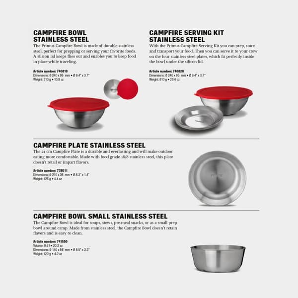 Campingkit Primus CampFire Serving Kit, Ø24 cm, 5 delar (1 skål med lock + 4 tallrikar i rostfritt stål)