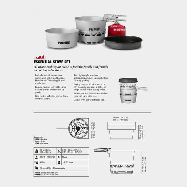 Gaskök Primus Essential Stove Set, 2000 W + 2 kastruller (2 x 2.3 liter) + 1 stekpanna + griptång + förvaringspåse Bränsletillval: Utan bränsle