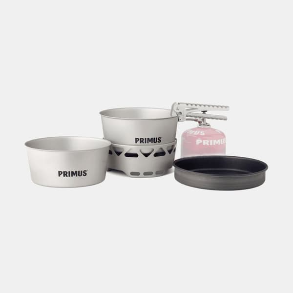 Gaskök Primus Essential Stove Set, 2000 W + 2 kastruller (2 x 2.3 liter) + 1 stekpanna + griptång + förvaringspåse Bränsletillval: Utan bränsle